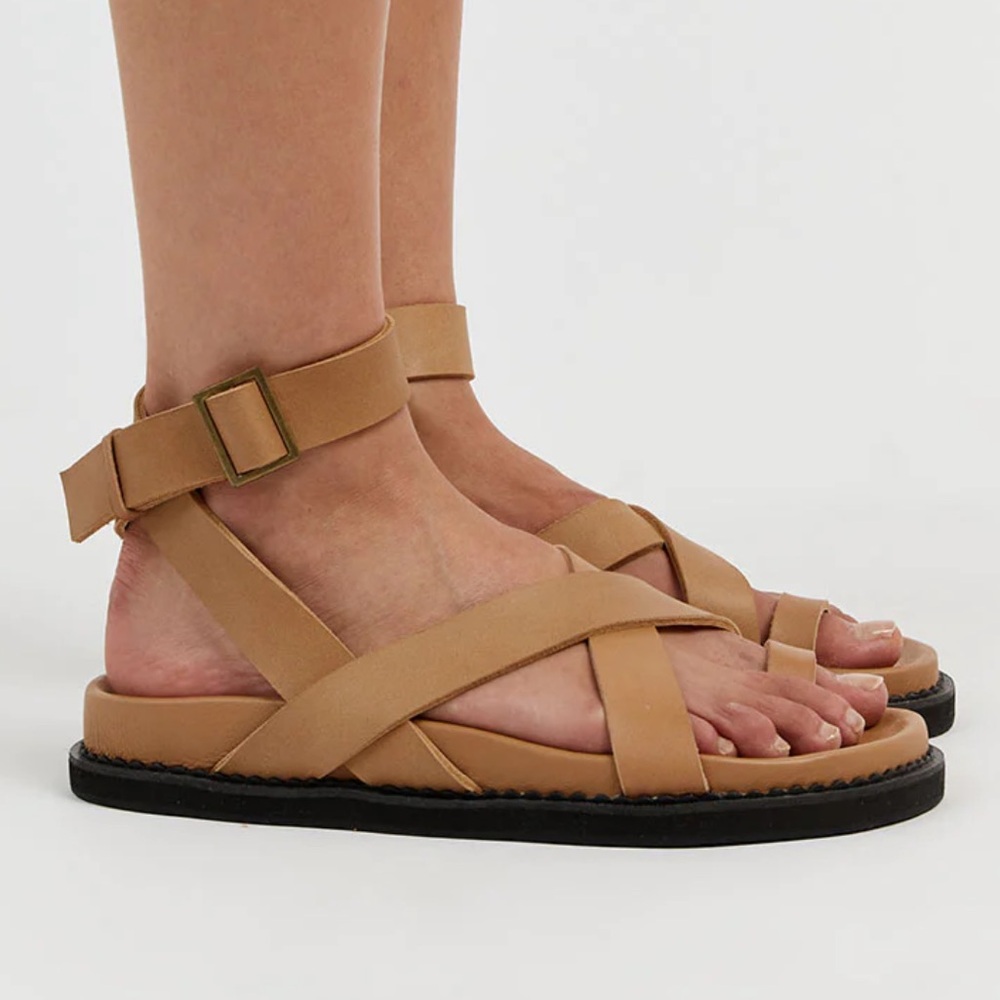DISSH Tan Ankle-Strap Crisscross Leather Sandals